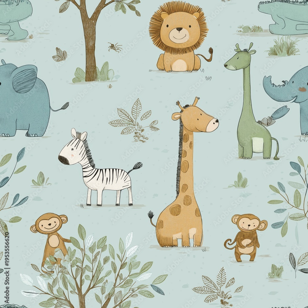 Fototapeta premium Cute cartoon jungle animals seamless pattern. Safari animals pattern with giraffes, elephants, and lions on a light blue background