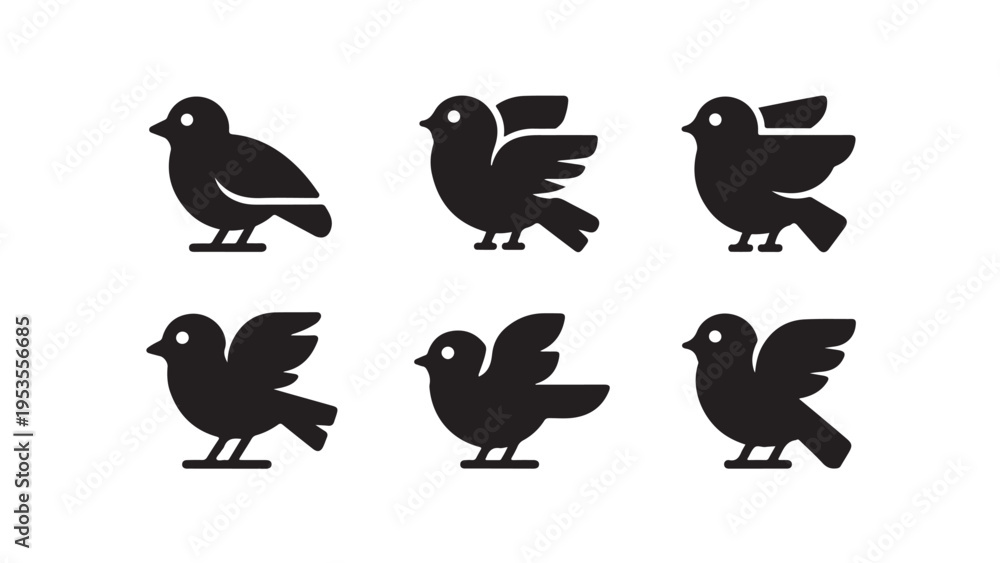Fototapeta premium Six black bird silhouettes in different poses birds