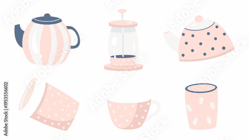 Pastel colored teapots french press cups and saucers illustration