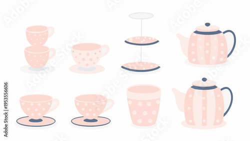 A collection of pink and white polka dotted teaware and coffee vessels