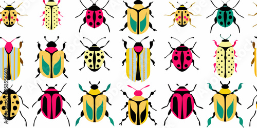 Colorful collection of illustrated beetles arranged on a plain white background