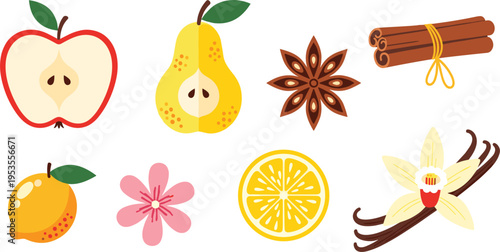  Set of fruits and spices including apple, pear, lemon, orange, cinnamon, star anise and vanilla in flat vector illustration style