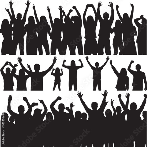 Dynamic silhouettes of an excited crowd cheering with raised hands, celebrating success or participating in a vibrant event, symbolizing unity and enthusiasm