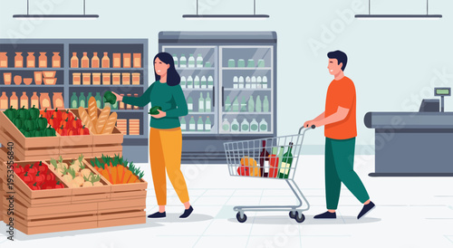 Grocery shopping in a supermarket, a vector illustration of a couple buying fresh produce and groceries from shelves and displays