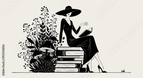 Elegant Woman in Black Dress Reading a Book on Stack of Books - Vintage Vector Illustration