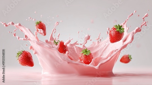 Strawberries falling into splash of pink milk on white background