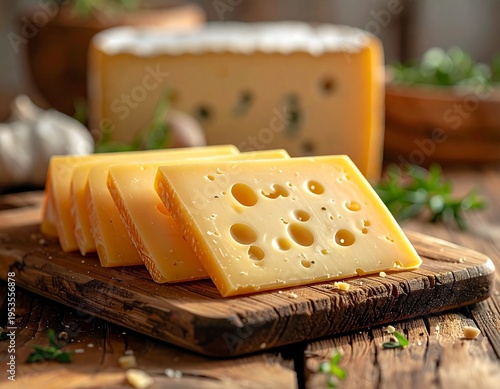 Alpine emmental cheese slices on rustic wooden board