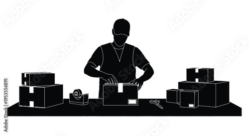 Silhouette graphic illustration of warehouse worker sealing a cardboard shipping box with tape at a packing station