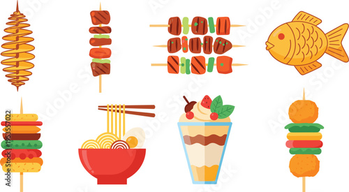  Set of street food items including skewers, ramen bowl, fish, layered snacks and dessert parfait in colorful flat vector style