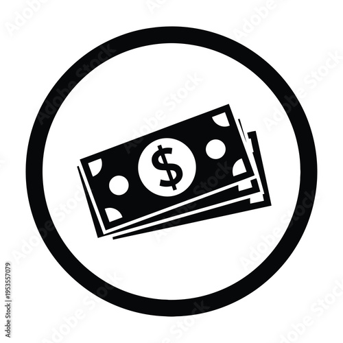 Stacked dollar bills symbolizing finance wealth and currency in a circular frame black and white design