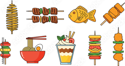  Set of street food items including skewers, ramen, fish, burgers and layered snacks in colorful flat cartoon vector illustration style