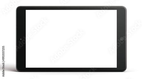 Black tablet computer with blank white screen on white background