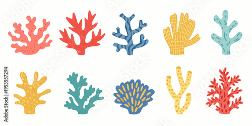 Colorful coral reef illustrations depict diverse undersea marine life forms
