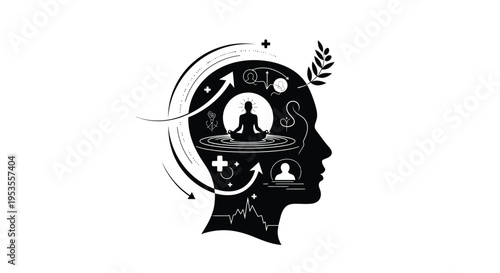Conceptual vector graphic showing inner peace, meditation, and holistic health inside a human silhouette.