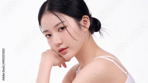 Young Asian woman portrait thoughtful expression natural makeup white top studio lighting beauty skincare