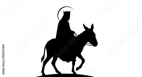 Silhouette of a king riding a donkey with a halo.