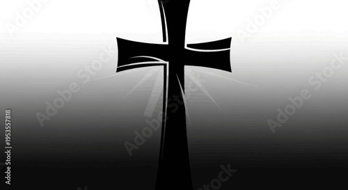 Black cross with light rays emanating from behind.