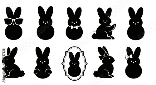 Collection of Black Bunny Silhouettes with Various Poses and Accessories.