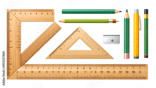 Realistic School Supplies Top View Wooden Rulers and Pencil PNG