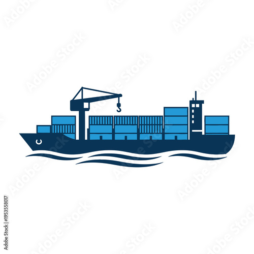 Modern cargo ship with crane and stacked containers sailing smoothly across calm waters in a sleek blue and dark navy color scheme