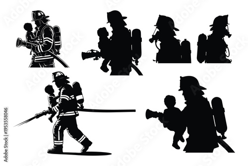 Firefighters rescuing children silhouettes black