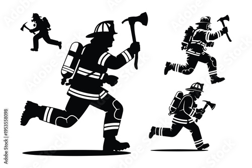 Firefighters running with axes in various poses firemen