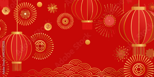Traditional red lanterns and floral designs celebrate a festive occasion