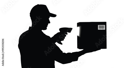 Delivery worker silhouette scanning a package barcode with a handheld scanner in a vector illustration design.