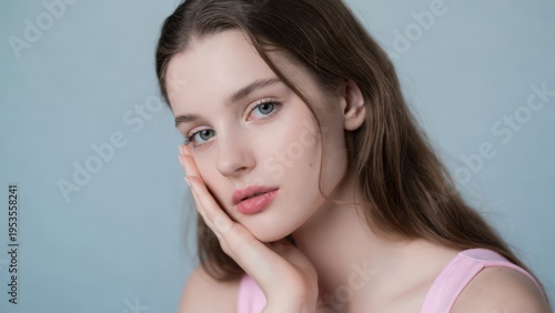 Young woman thinking contemplation portrait close-up soft light pastel pink top blue background natural makeup beauty