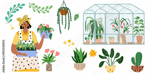 A woman tending to plants inside and outside a glass greenhouse