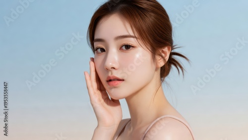 Young Asian woman touching face with skincare glow in pastel studio lighting,
