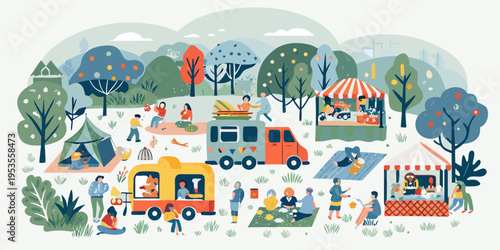 A vibrant illustration of people enjoying a lively outdoor festival in a park