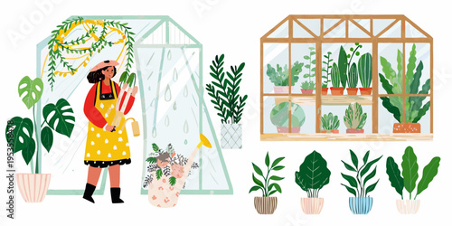 Woman tending to plants inside and outside a greenhouse structure