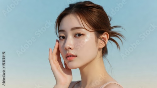 Young Asian woman touching face skincare routine soft natural light beauty portrait close-up glowing skin healthy lifestyle
