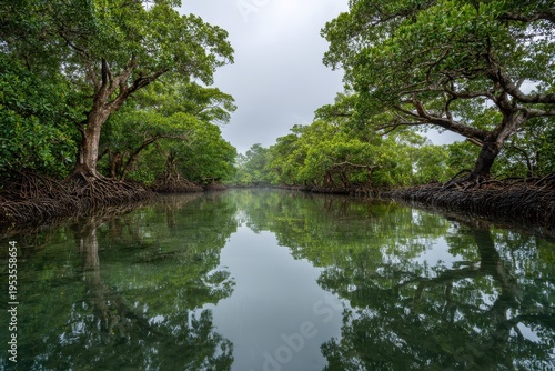 Mangrove forest with waterway reflecting trees on a cloudy day in a natural setting