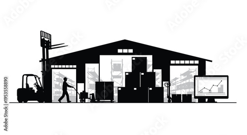 Silhouette vector illustration of warehouse logistics operations including machinery equipment and inventory management