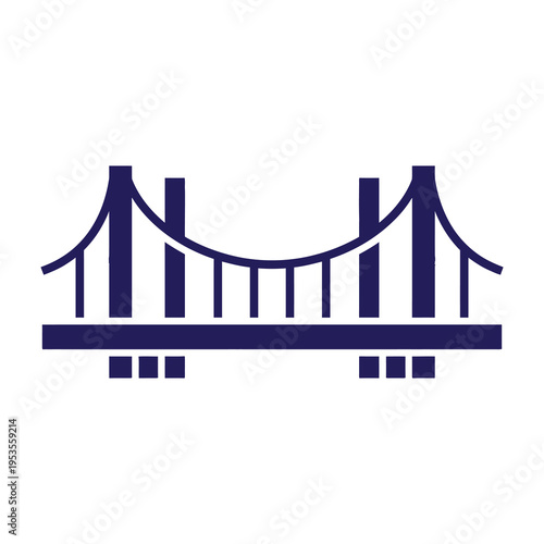 Modern minimalist illustration of a sleek suspension bridge spanning a horizontal base with clean geometric lines and bold navy blue tones evoking strength and connectivity