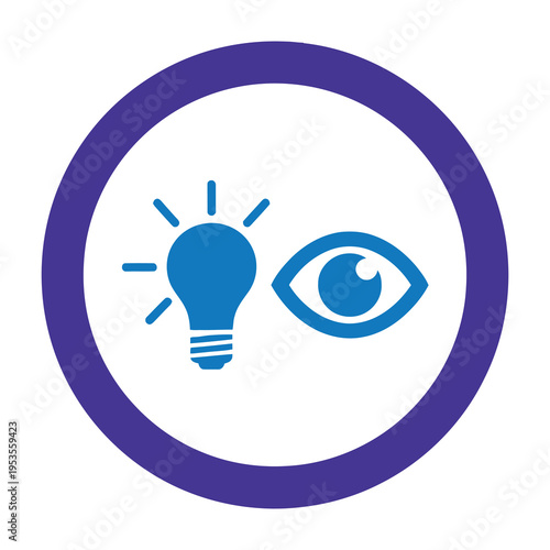 Modern abstract badge featuring illuminated lightbulb paired with stylized human eye inside vibrant purple circular frame for creative inspiration and visionary concepts