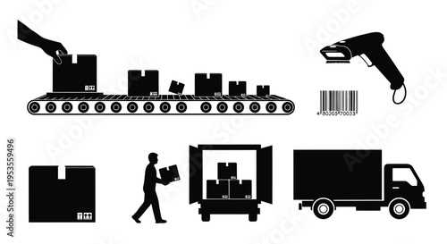Black and white vector graphic illustration depicting various stages of package handling and logistics supply chain