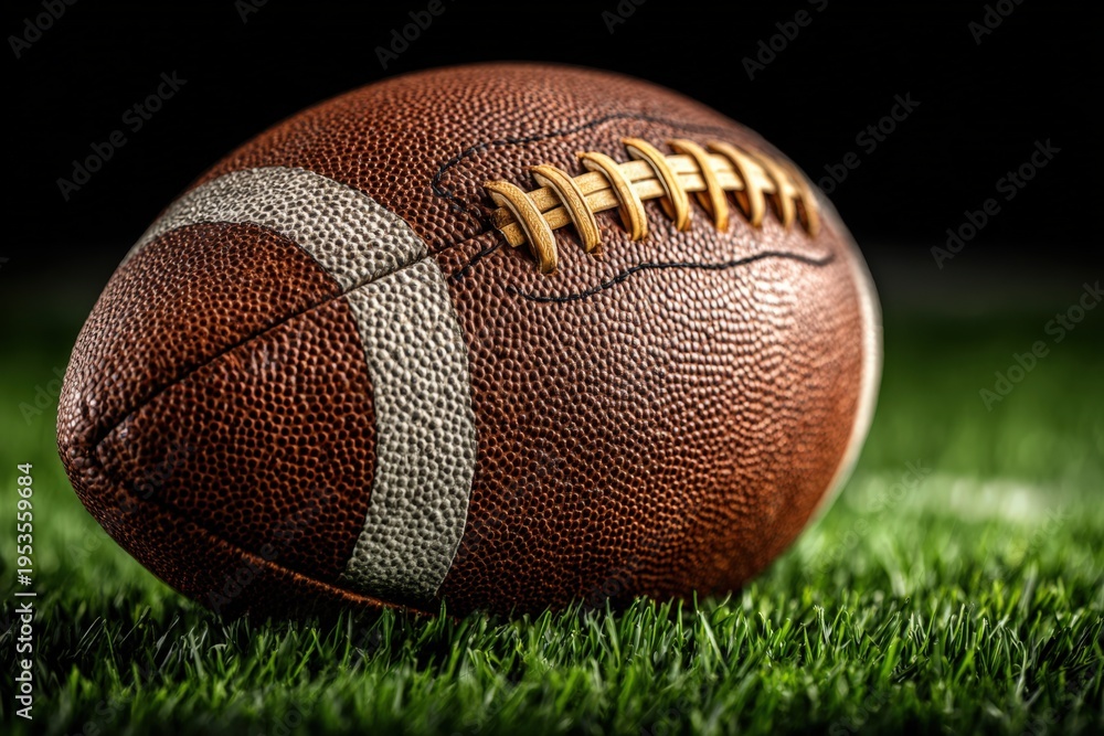 Obraz premium Close-up of a brown leather American football resting on green grass with white stripes, showcasing detailed texture and stitching against a dark background