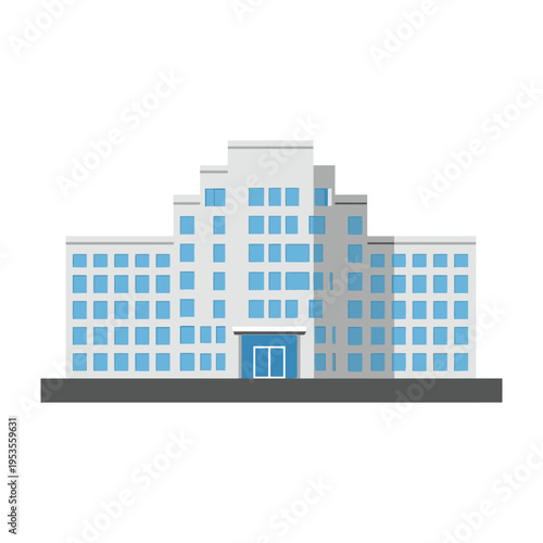 Modern multi story office building with clean geometric design showcasing bright blue window accents and neutral gray facade for corporate presentations and architectural visuals