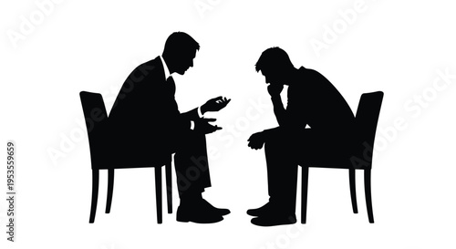 Silhouette vector graphic illustration depicting a serious discussion between two sitting businessmen figures