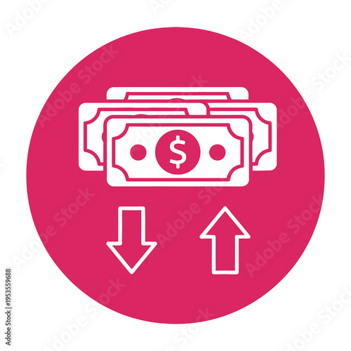 Modern flat design icon illustrating financial growth with stack of currency notes featuring upward and downward arrows in bold red circular background