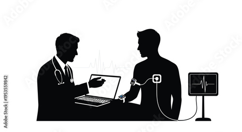 Silhouette of a doctor consulting a patient wearing wearable health monitoring technology and displaying vital signs