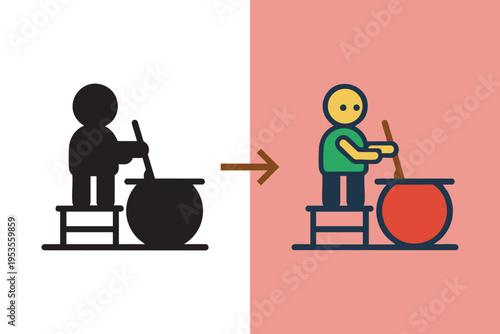 Vector illustration transformation. Stick figure character turning into colorful simplified version stirring a cauldron, ideal for design projects, creative concepts, and flat illustration.