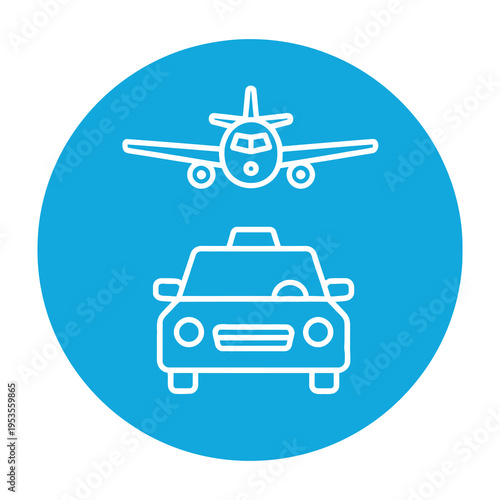 Minimalist travel transportation icons featuring a sleek airplane soaring above a modern sedan against a vibrant teal circular background for seamless integration into travel apps