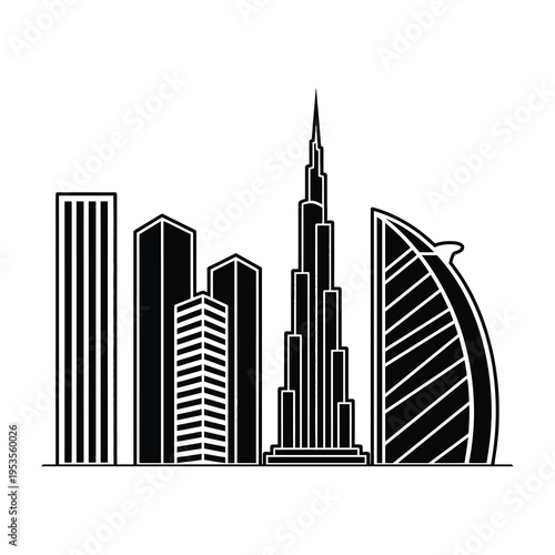 Modern high rise skyline illustration featuring sleek skyscrapers with diverse architectural styles including a central tower with intricate detailing and two uniquely curved