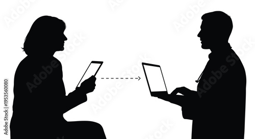 Patient silhouette communicating with a doctor silhouette through digital devices, emphasizing telehealth and remote consultation.