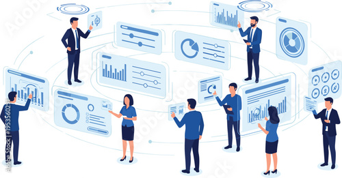 Business data analytics team collaborating with digital dashboard interface, corporate strategy planning, financial charts and reports isometric vector illustration