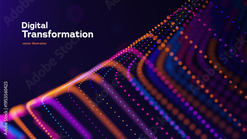 Technology Background With Vibrant Particle Lines And Abstract Digital Motion On Deep Purple. Digital Transformations And Smart Systems. Vector Illustration.